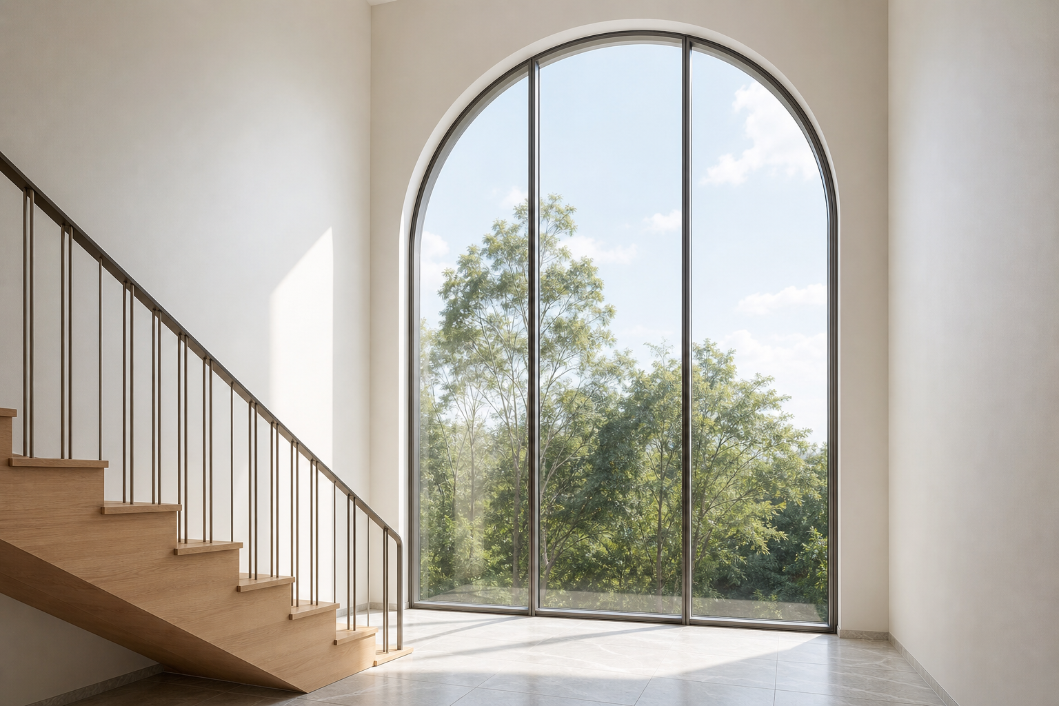 Tall arched aluminum glass window in a stairwell with smooth curved head and vertical glazing bars, daylight entering through the arch