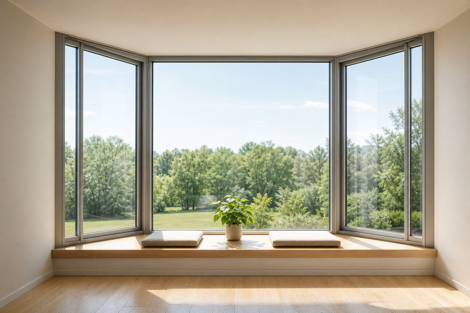 Interior of an aluminum glass bay window with three glazed planes, angled returns and a timber window seat, daylight entering from all sides