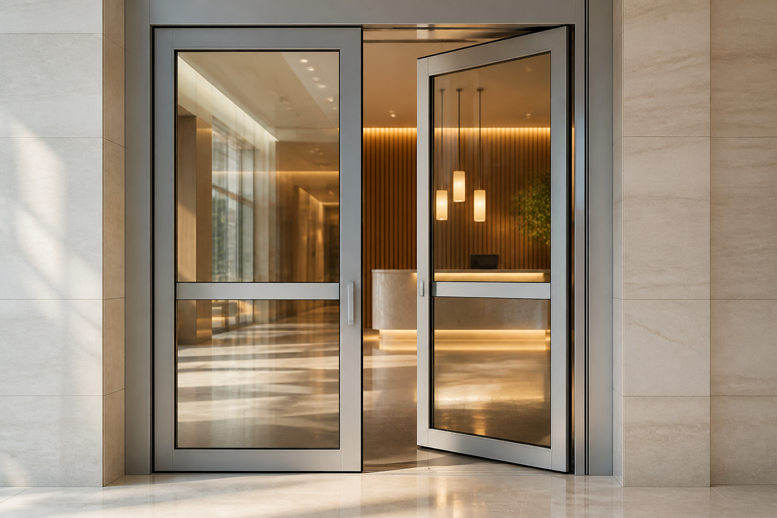Glass double doors at a hotel lobby entrance, one leaf half open, warm lobby light beyond, stone floor, day light, no hardware close-up