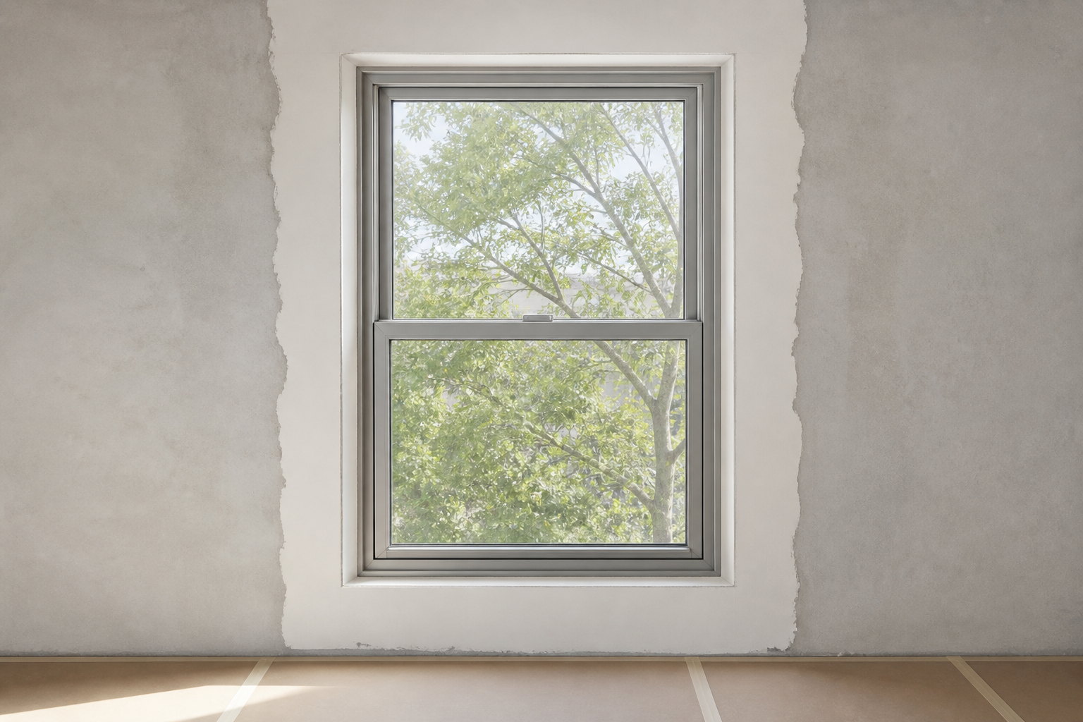 New aluminum double hung window set into an existing interior wall opening, the interface line between the new frame and the older plaster wall, protective floor boarding, day light through the glass, no hardware close-up