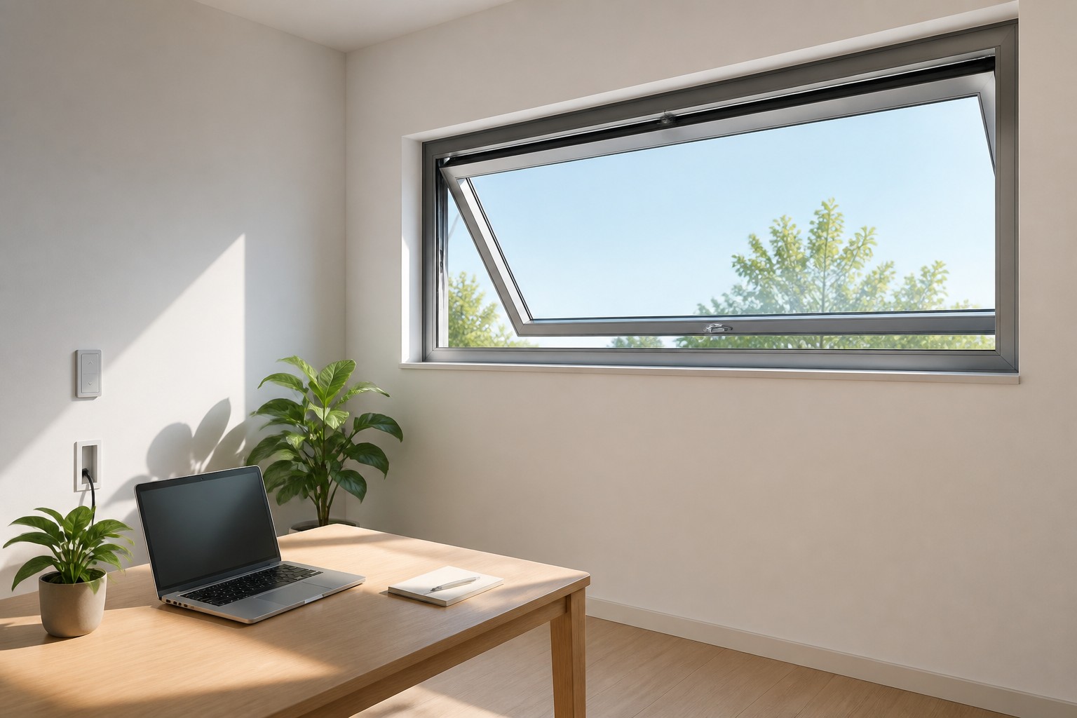 Home office with a motorised aluminum glass window and wall control panel for scheduled maintenance checks