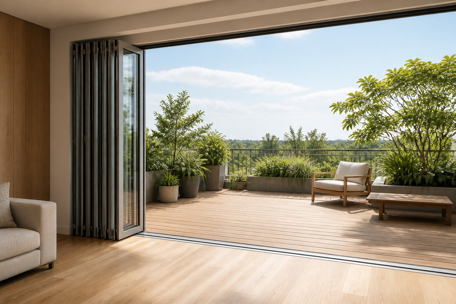 Folding aluminum glass doors fully opened and stacked, with a continuous flush threshold between living area and terrace