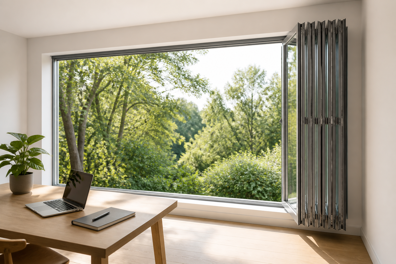 Aluminum glass folding window fully opened and stacked at one wall, showing the hinge stiles and folding joints