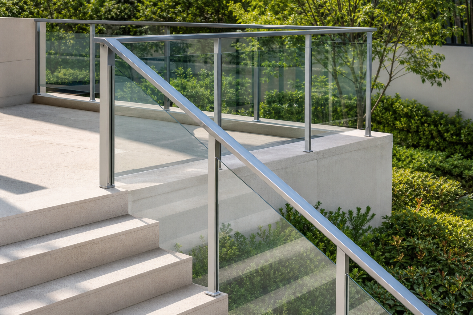 Glass balustrade with aluminum handrail and posts along an outdoor stone stair and landing, clear laminated glass panels, garden beyond, day light, no hardware close-up