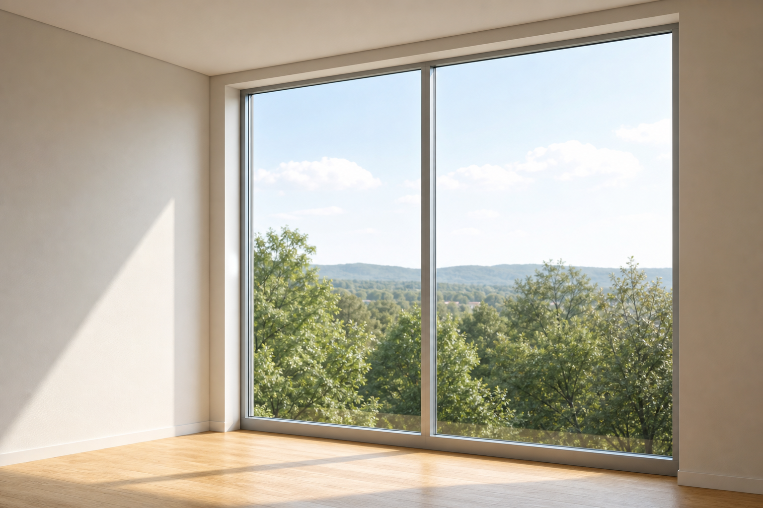 Large fixed picture window divided by a central vertical aluminum mullion into two narrower panes, reducing the glass span, in a modern interior