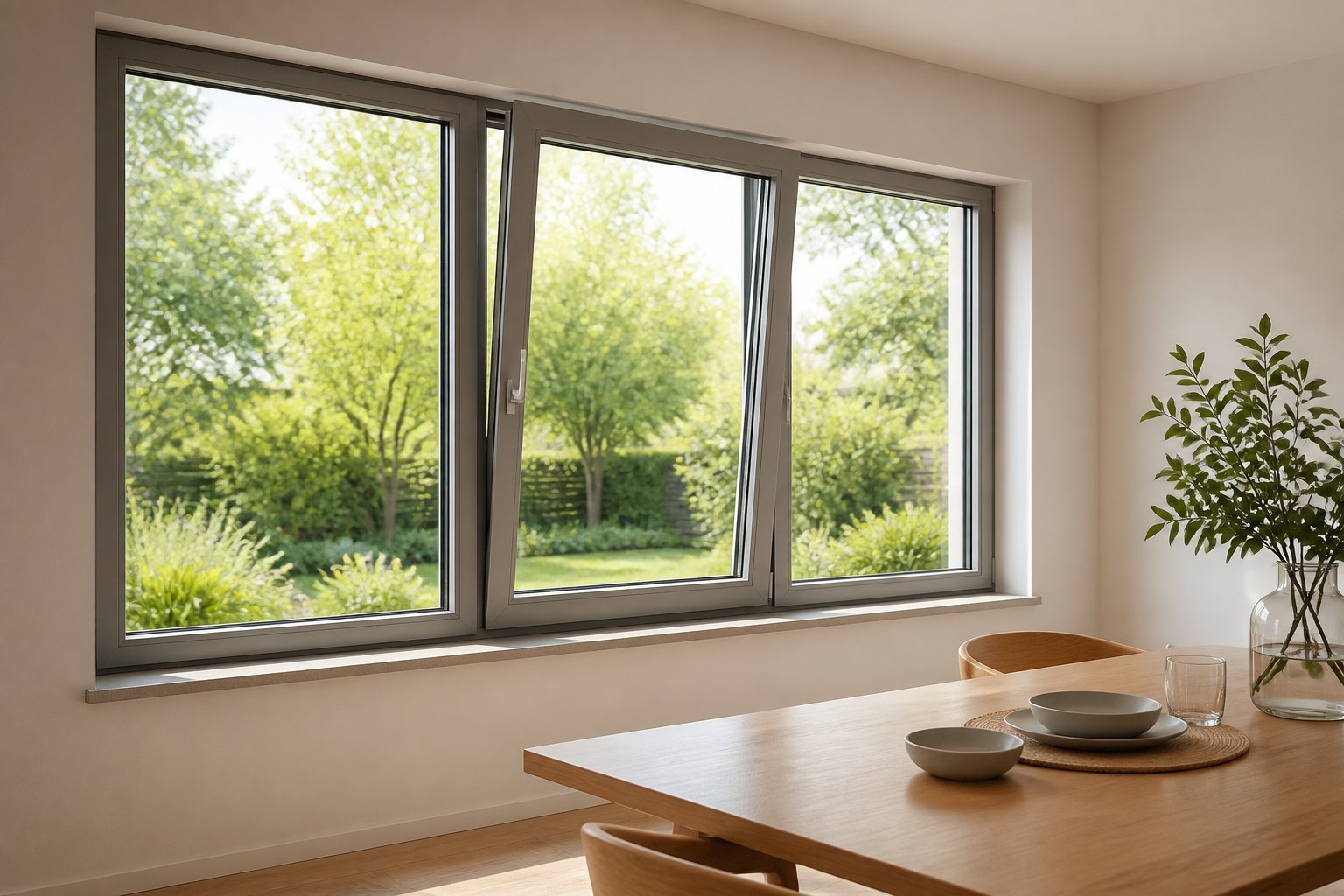 Operable aluminum glass windows for natural ventilation Dining room with three aluminum glass tilt-turn windows, one tilted inward for natural ventilation