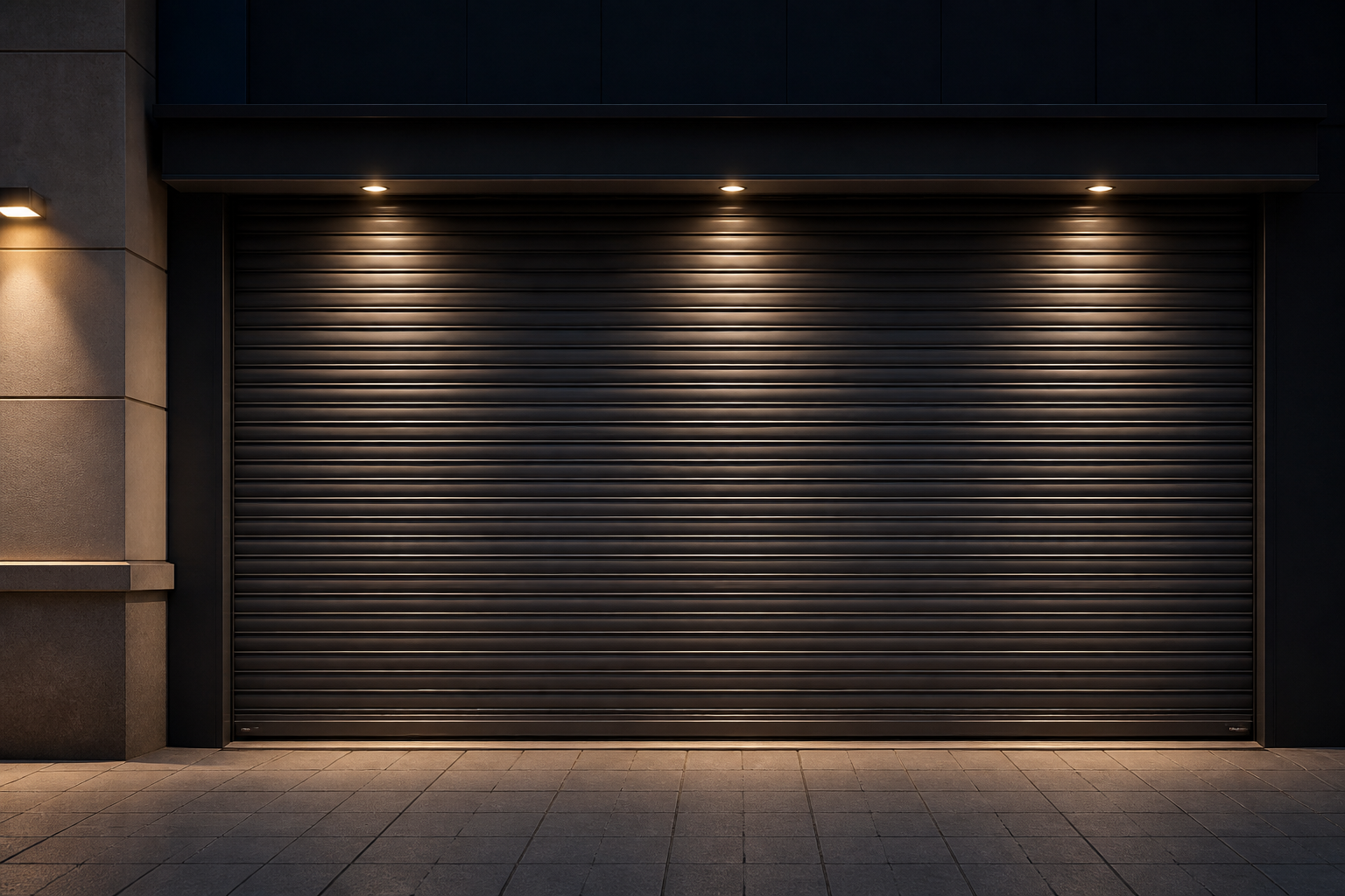Closed aluminum security roller shutter over a shopfront at night, showing the horizontal slat curtain and bottom rail