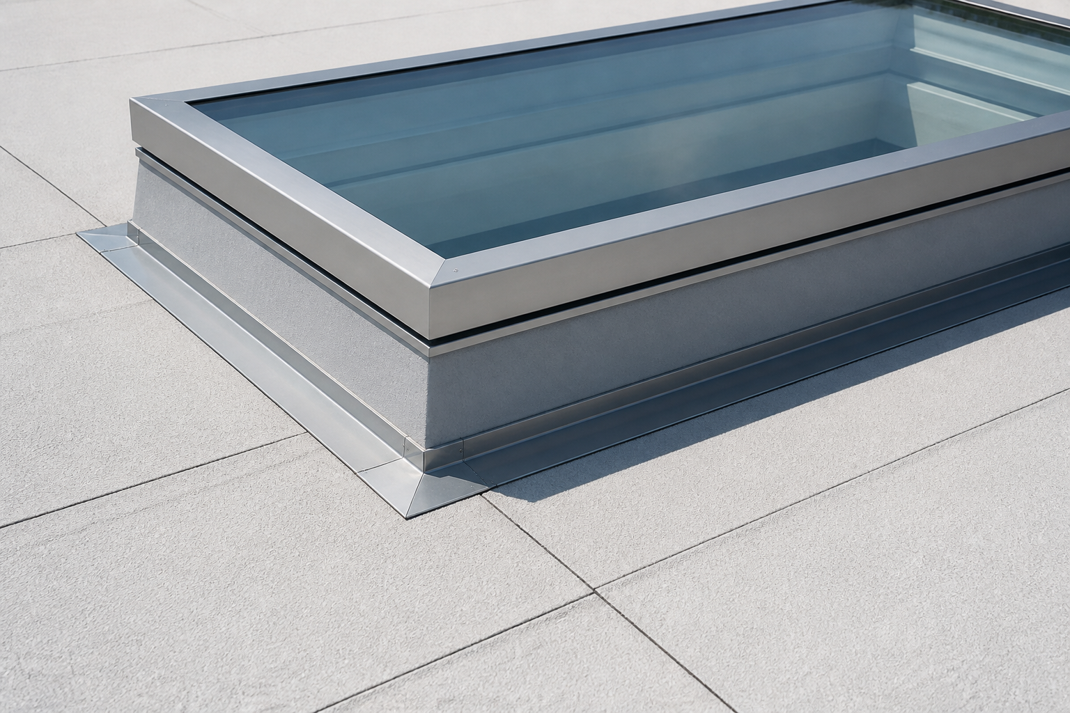 Exterior view of a raised aluminum glass skylight curb and its metal flashing on a flat roof, showing the waterproofing interface, day light
