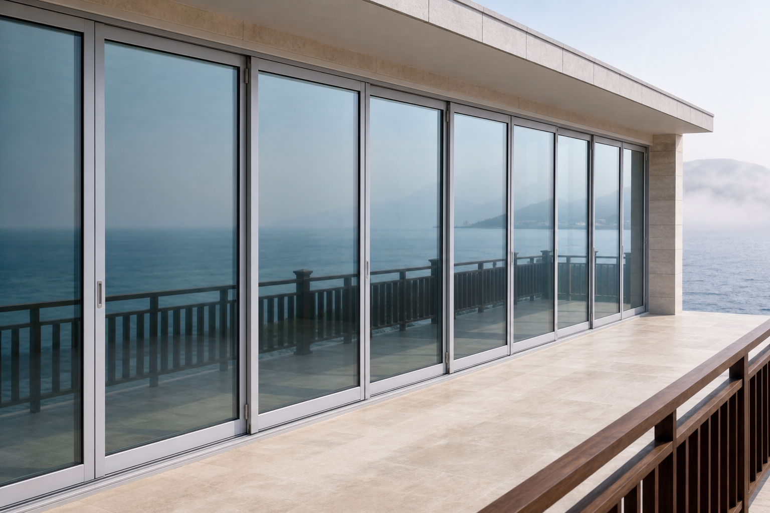Continuous row of aluminum sliding doors along a coastal resort veranda, sea and light haze beyond, stone floor and dark wood balustrade, day light, no hardware close-up