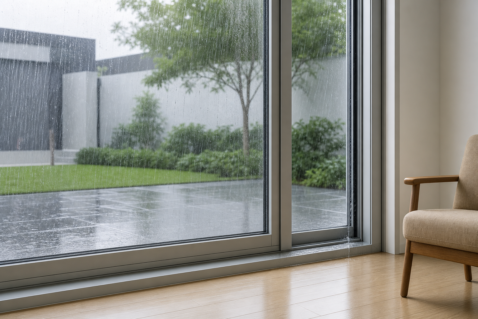 Large aluminum sliding window in a modern interior slightly open for ventilation in the rain, rain visible beyond the sash, water guiding down the overlap, no hardware close-up