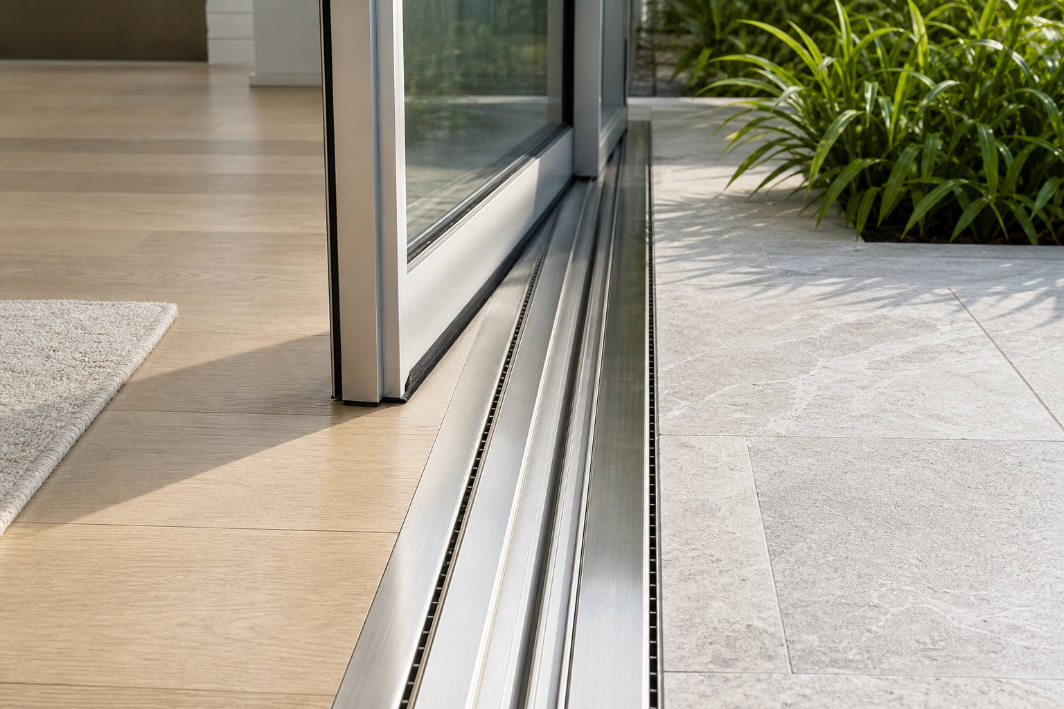 Low recessed stainless steel track and threshold of an aluminum glass stacking door, clean and drained, with the closed panel compressing its seal
