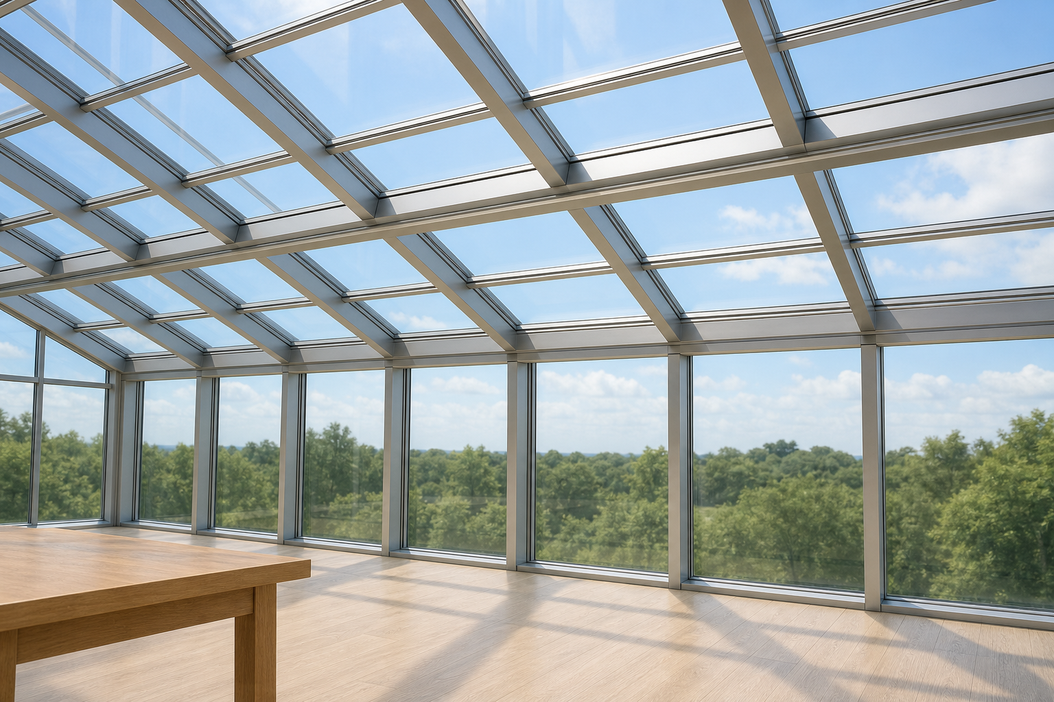 Interior view looking up at an aluminum glass sunroom roof structure, showing the main beams, purlins and glazing bars