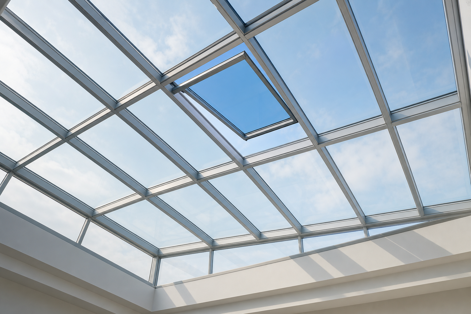Glass pitched sunroom roof seen from inside, aluminum grid panels, one roof panel open to a corner of blue sky, soft daylight through the glass, no hardware close-up