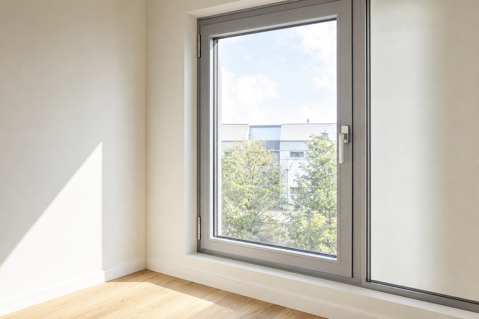 Interior view of a closed and locked aluminum glass tilt-turn window on its hinge and locking side, showing the sash edge and handle, day light from the glass