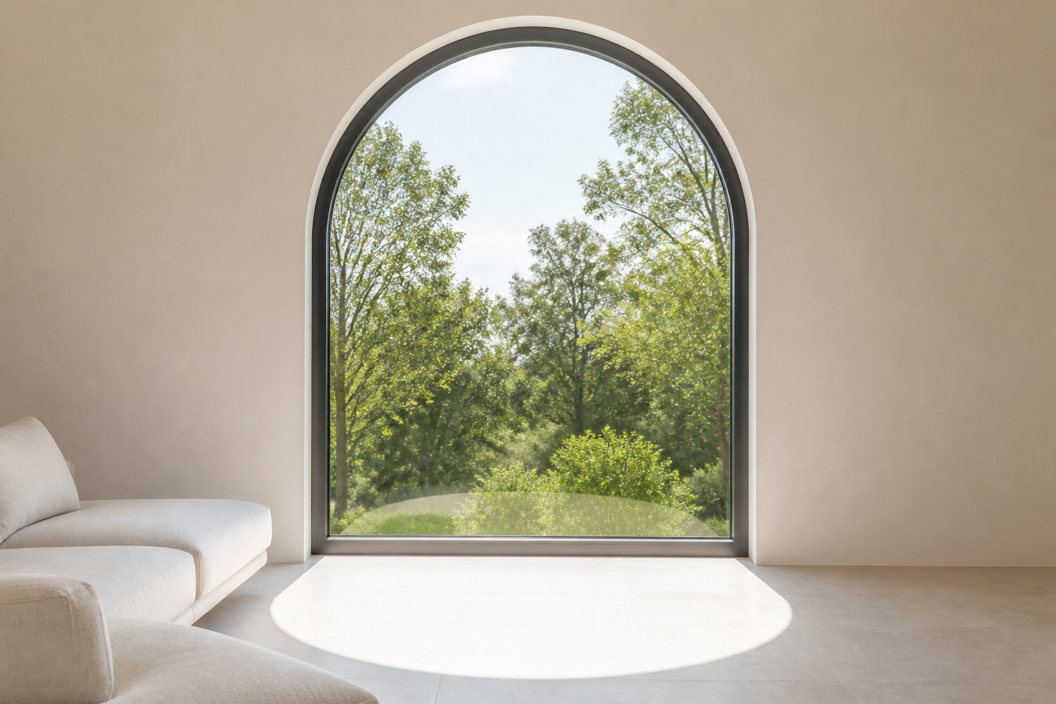 Interior view of an arch-top aluminum glass specialty window with smooth curved frame, arch-shaped daylight patch on floor, no profile close-up