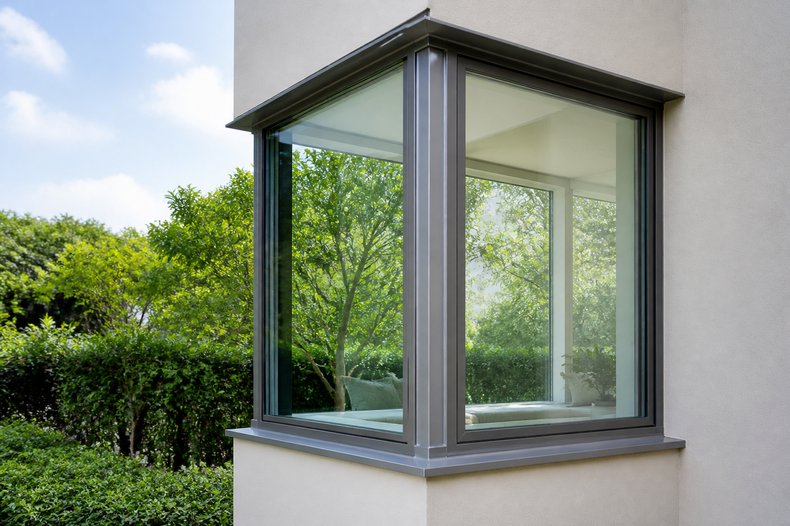 Bay window corner where two angled glass panes meet at the corner mullion, outdoor view, residential garden beyond, no hardware close-up