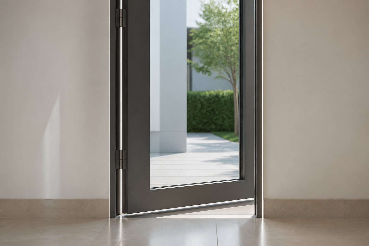 Interior view of an aluminum glass casement door half-open with even gaps between leaf and frame at top middle and bottom, bright entryway, no hardware close-up
