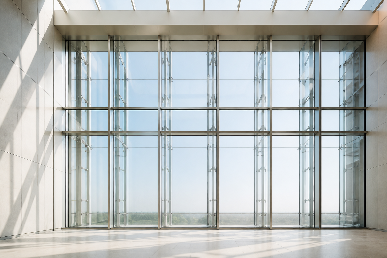 Interior view of a double-skin aluminum glass curtain wall with a full-height ventilated cavity between outer and inner glass layers, vertical mullion shadows, no profile close-up