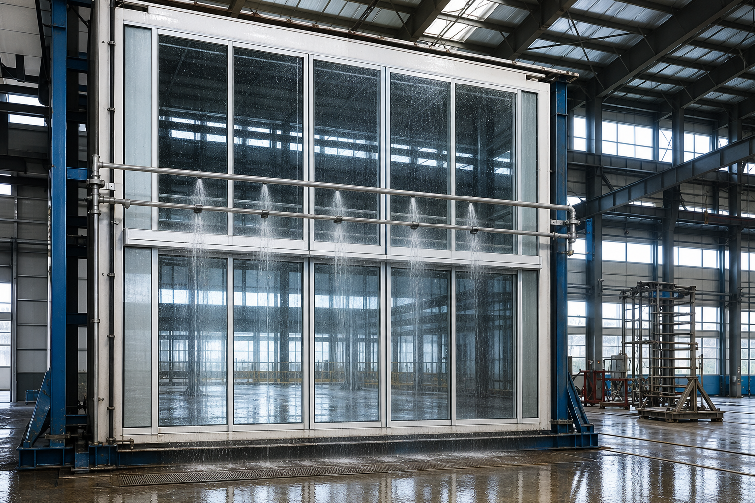 Two-storey aluminum glass curtain wall mock-up standing in an industrial test hall with a horizontal water spray rack running across its face, water running down the glass into a drainage channel, high factory daylight, no people, no hardware close-up
