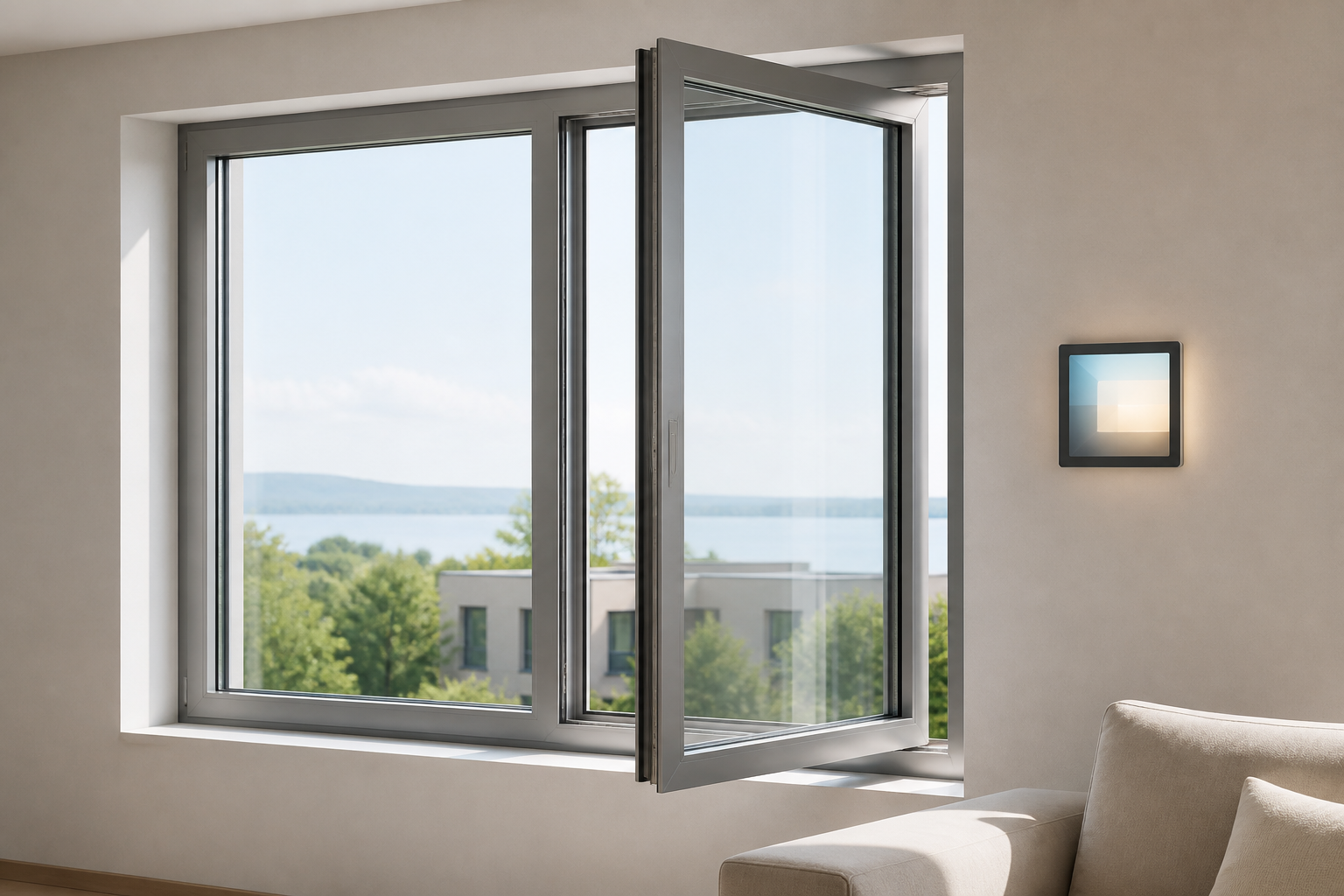 Aluminum electric casement window opened to a ventilation angle by its actuator, clear opening gap, smart home control screen with light blocks on the wall beside, no hardware close-up, no readable text