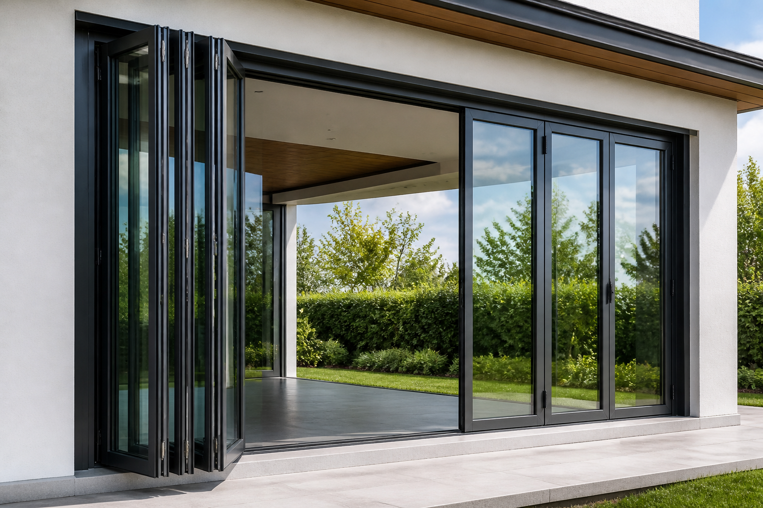 Exterior view of a half-open aluminum glass folding door with three panels folded at the left and three panels closed at the right, stack geometry visible, modern house garden background, no hardware close-up