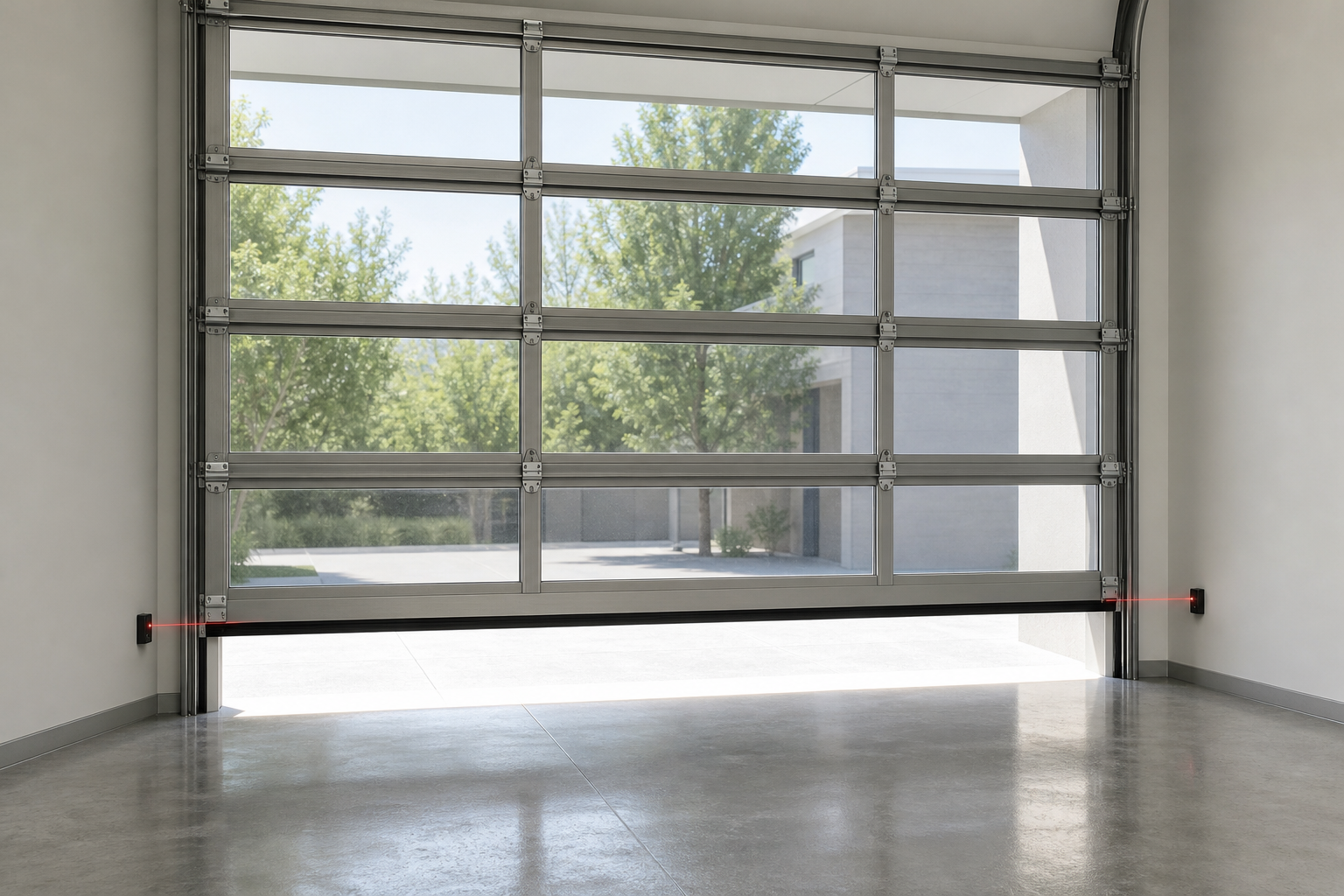 Interior view of an aluminum glass sectional garage door closing with the bottom safety edge visible and a photoelectric beam across the opening, clean garage, no vehicle