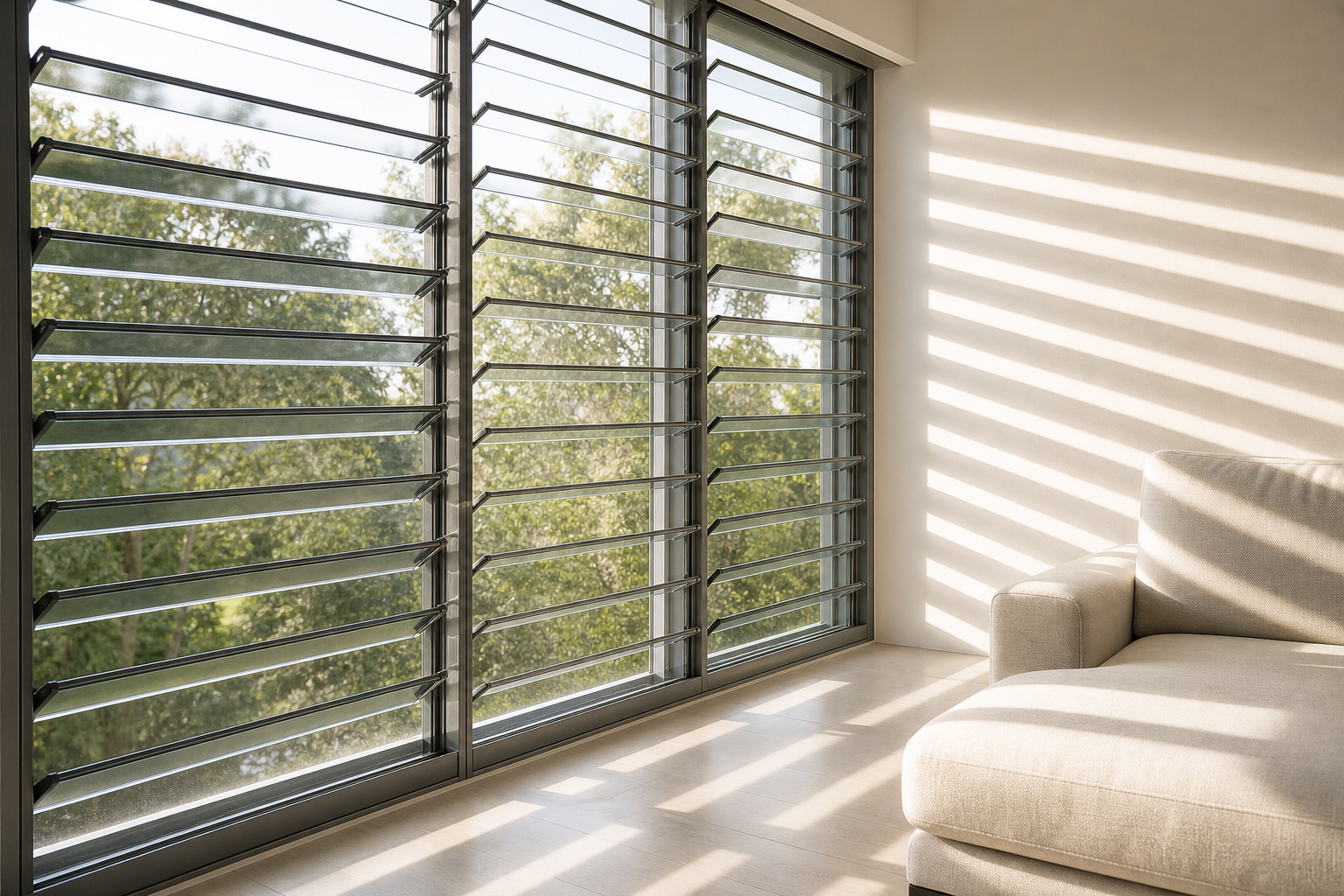 Interior view of an aluminum glass louver window with blades part-open, striped daylight on wall and floor, no hardware close-up