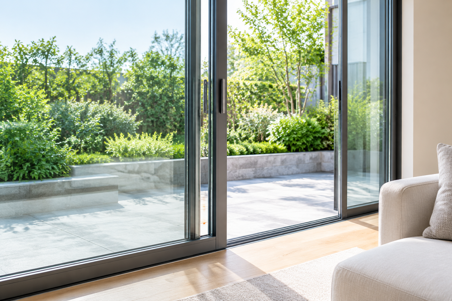 Interior view of an aluminum glass sliding door partially opened, the active panel overlapping the fixed panel at the interlock meeting stile, garden terrace visible through the opening, modern living room, no people, no hardware close-up