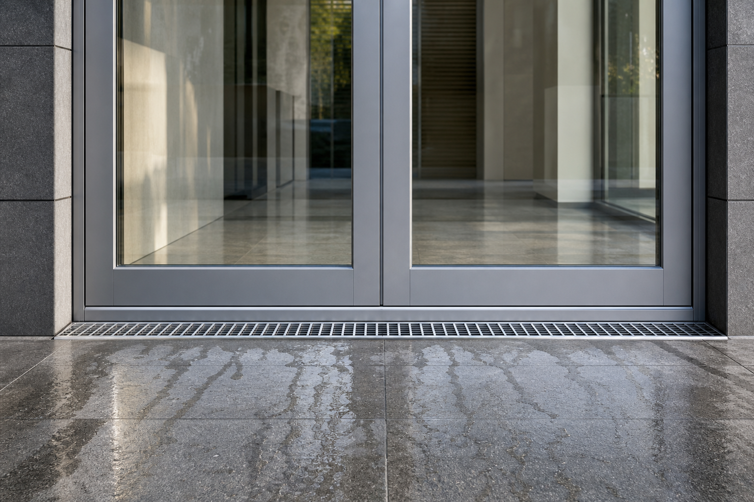 Closed aluminum glass exterior door with a recessed drainage channel and grate at the threshold, rain traces on the porch tiles flowing toward the channel, no hardware close-up