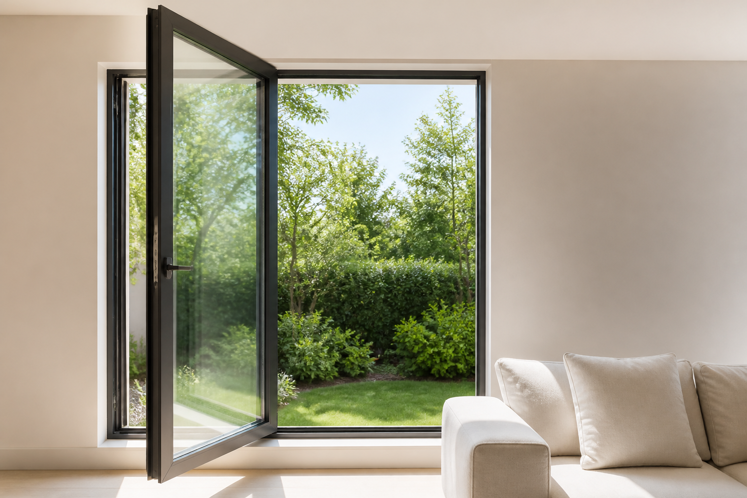 Interior view of an aluminum glass tilt and turn window in turn mode fully opened inward, garden visible through the opening, modern living room, no people, no hardware close-up